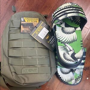 Mini army backpack and adidas slippers size 9 for men